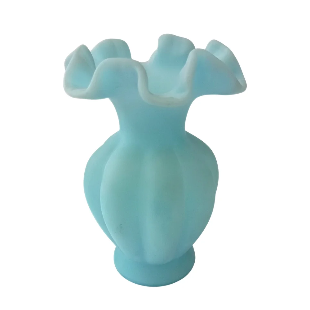 Fenton Satin Art Glass Vase Sky‎ Blue Melon Ruffled Edge Vintage Cottage Garden